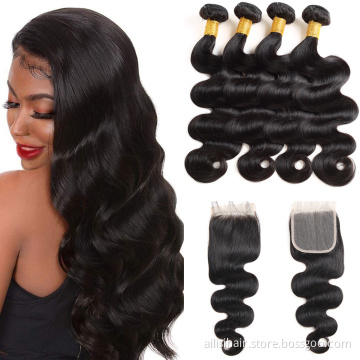 High Quality Human Hair Bundle With Closure Set Brazilian Cuticle Aligned Hair Bundle Body Wave Weave Hair With Closure